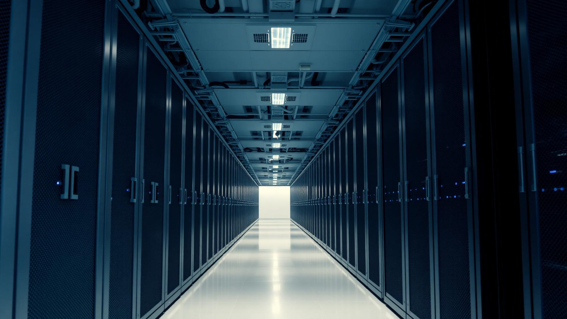 Data center rows with network and server racks
